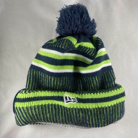 New Era NFL Seattle Seahawks Hat Pom Pom Knit Winter Retro Snow Beanie One Size - Picture 2 of 5